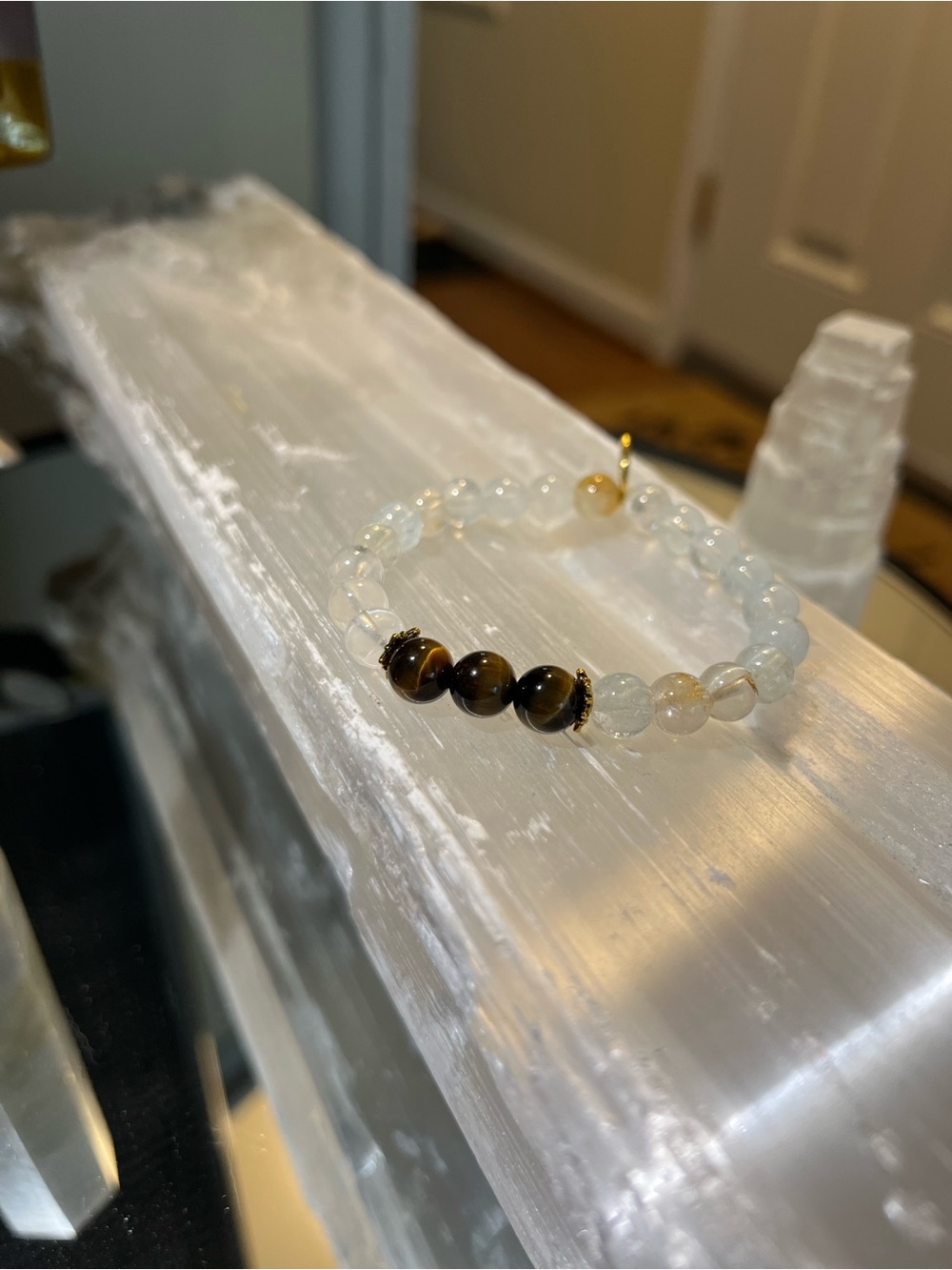 Handmade Moonstone & Tiger Eye Beaded Bracelet - White and Brown